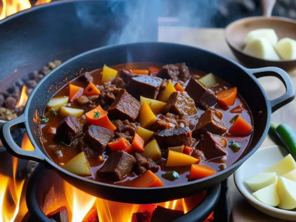 Un guiso húngaro tradicional evolucionado con siglos de historia: goulash en olla de hierro sobre fuego