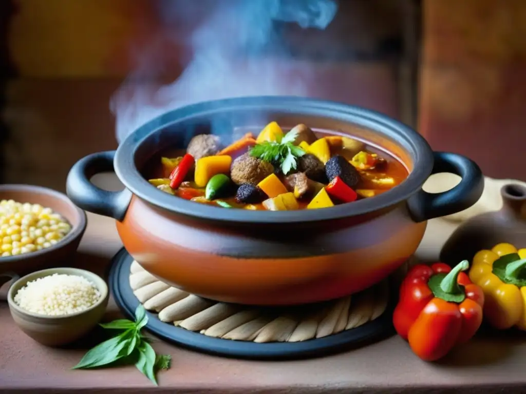 Un guiso postcolombino en olla de barro, fusionando técnicas culinarias y colores autóctonos