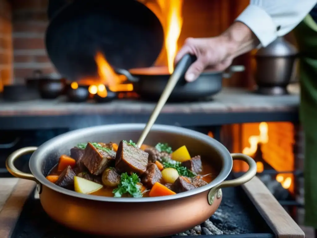 Un guiso tradicional europeo cocinándose en una olla sobre una chimenea industrial, evocando recetas históricas de Europa