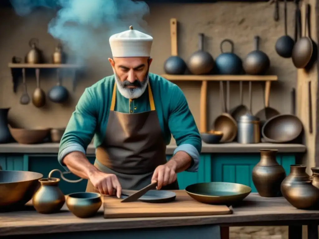 Un hábil artesano en Bizancio antiguo elabora utensilios de cocina de bronce