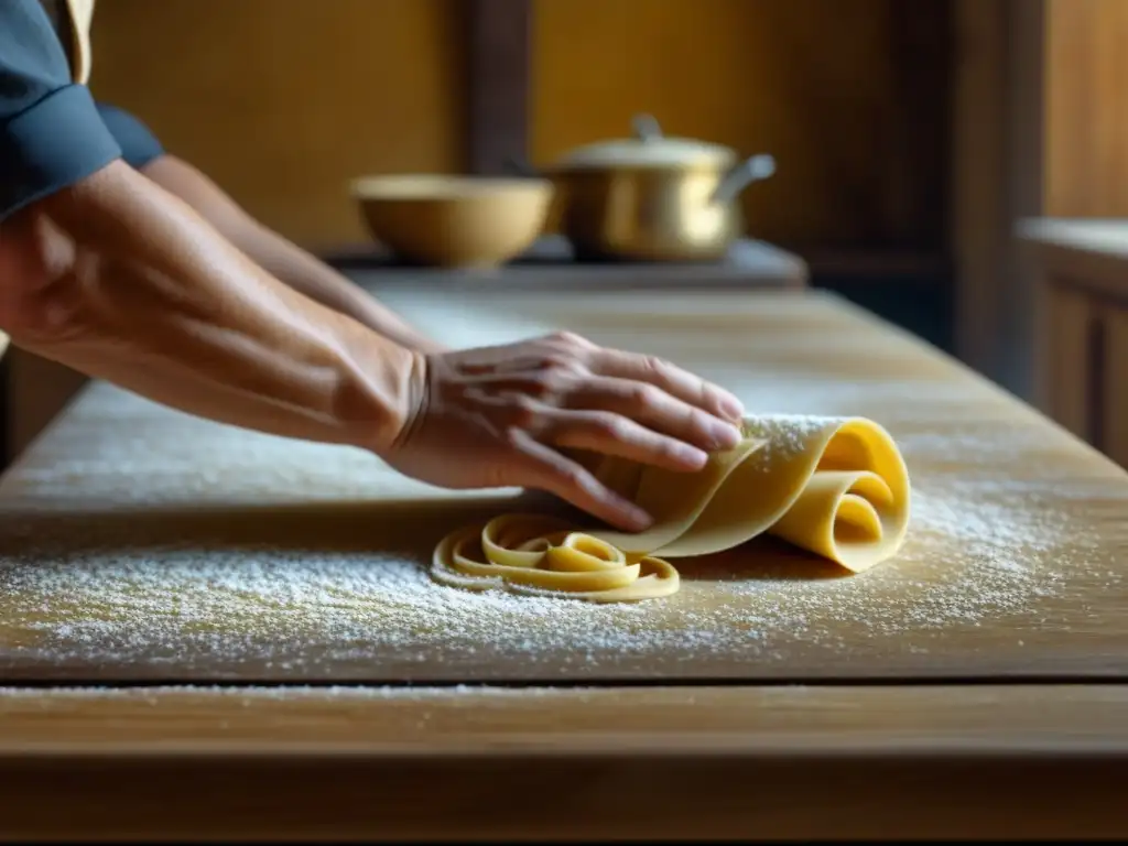 Un hábil artesano amasa delicadamente masa dorada en una cocina rústica, evocando recetas históricas renacimiento italiano