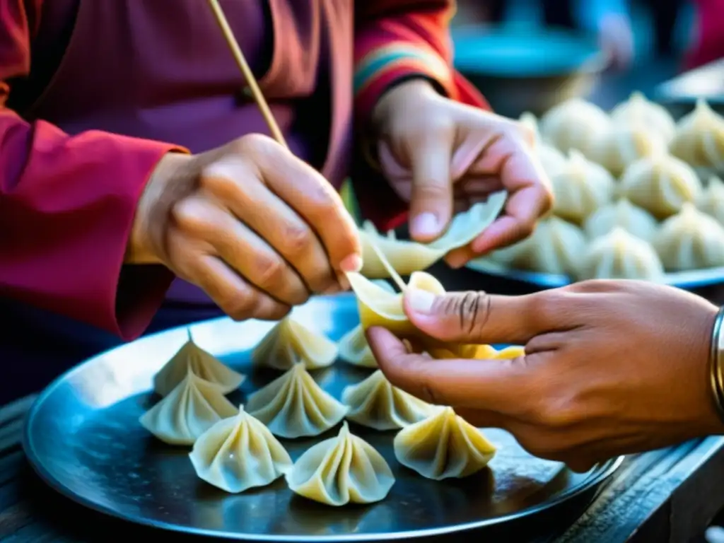 Un hábil artesano en la Ruta de la Seda moldea dumplings en un bullicioso mercado callejero, con anillos de plata