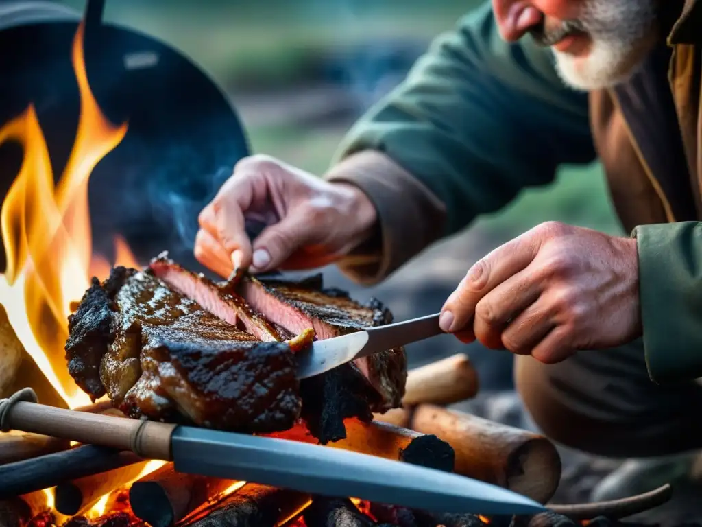 Un hábil cazador nómada prepara carne sobre fuego, mostrando técnicas de preparación de carnes