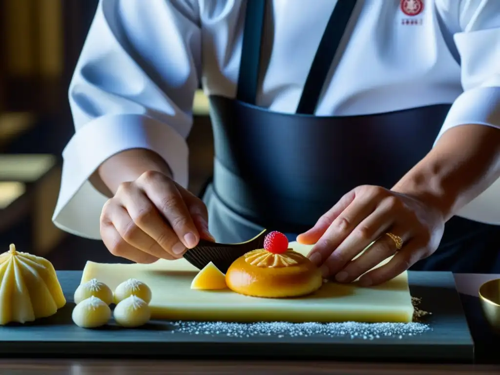 Un hábil chef de repostería Heian esculpe con precisión un dulce tradicional, reflejando la maestría y la herencia culinaria