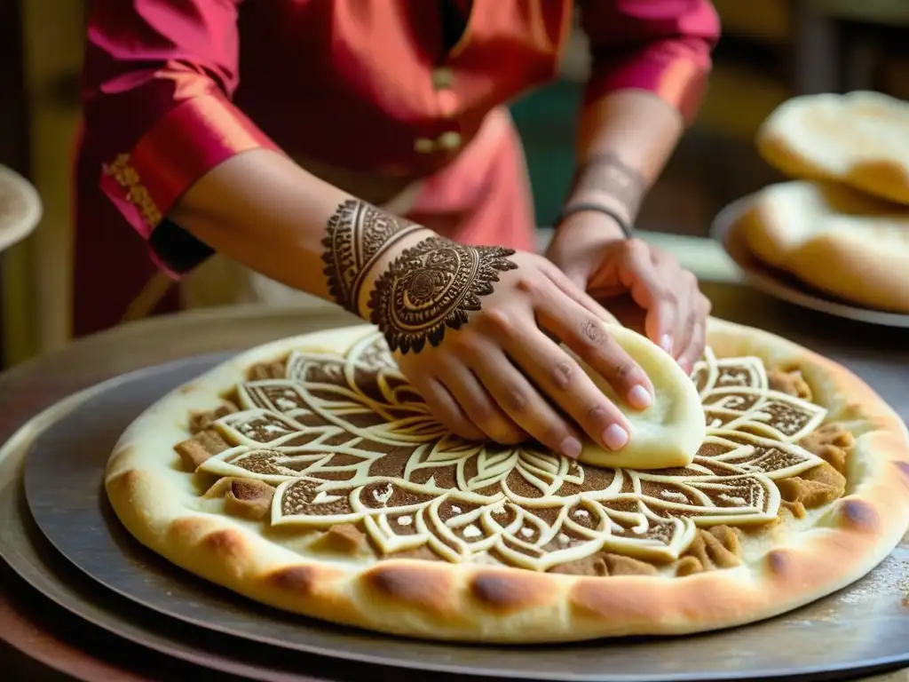 Un hábil panadero en atuendo Mughal trabaja la masa del naan con patrones intricados, en una cocina histórica