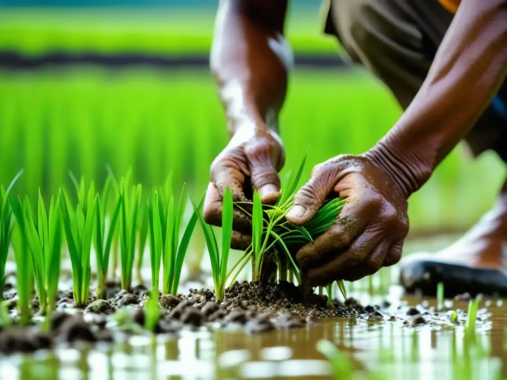 Las hábiles manos de un agricultor plantando arroz en América, fusionando técnicas ancestrales y modernas en el campo