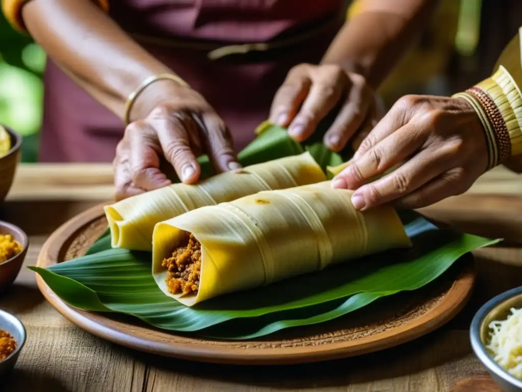 Las hábiles manos de una anciana armando tamales tradicionales en una cocina rústica de Candelaria, México