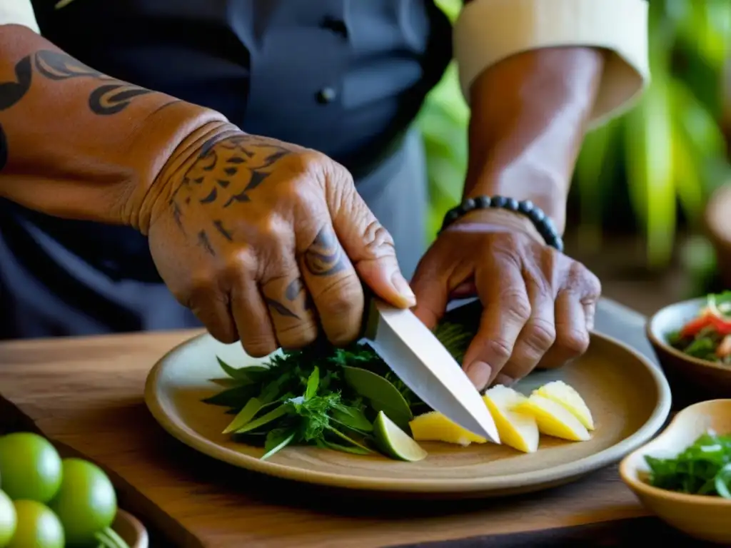 Las hábiles manos de un anciano chef isleño del Pacífico preparando con cuidado una receta tradicional, preservando legado culinario