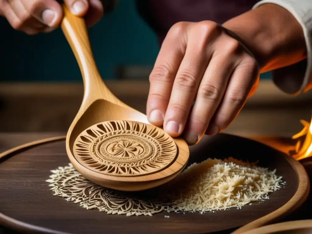 Artesano experto tallando diseños en cuchara de madera Las hábiles manos de un artesano tallan diseños en una cuchara de cocina de madera, en su taller con shavings flotando en el aire