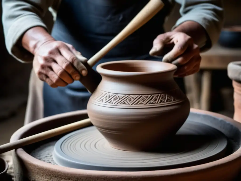 Artesano moldeando olla de barro: proceso detallado Las hábiles manos de un artesano moldean una olla de arcilla, reviviendo utensilios de cocina tradicionales renacimiento