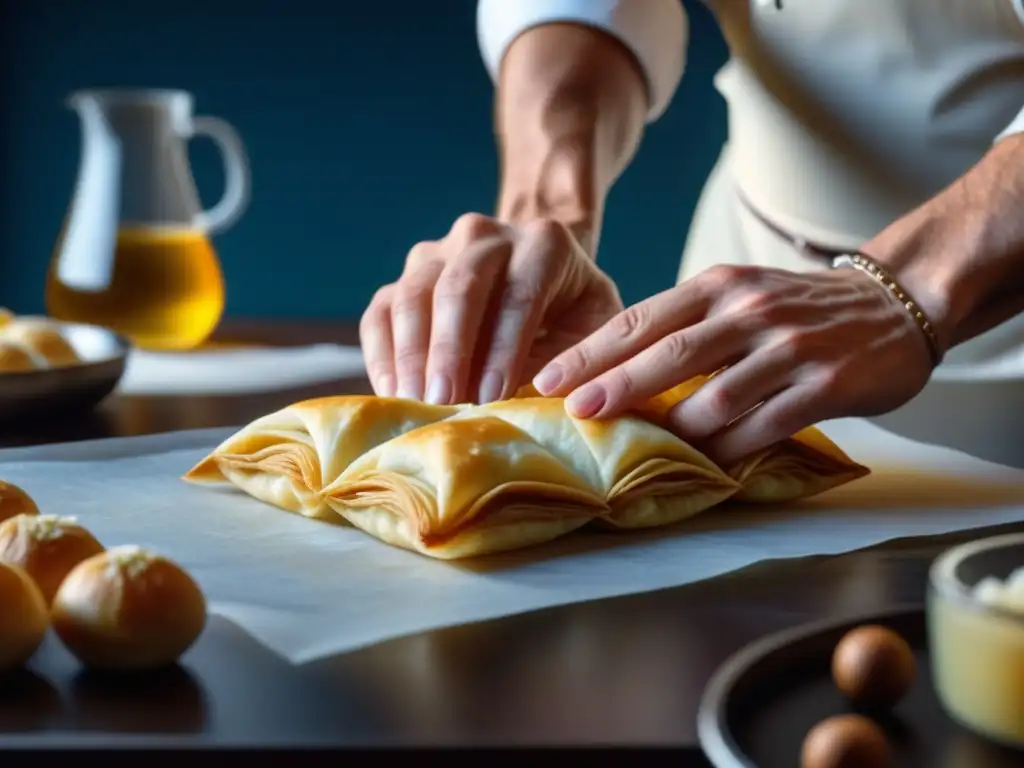 Las hábiles manos de un chef crean un baklava perfecto con influencia europea en la cocina americana del siglo XIX