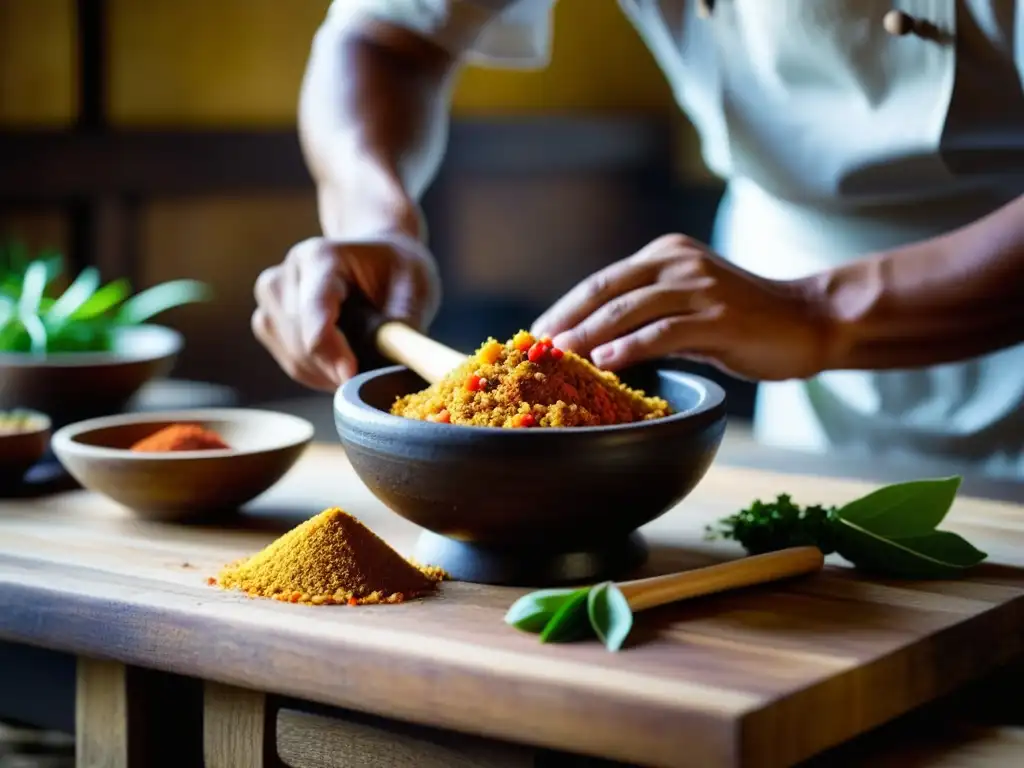 Las hábiles manos de un chef balinés preparando una receta tradicional en una cocina rústica