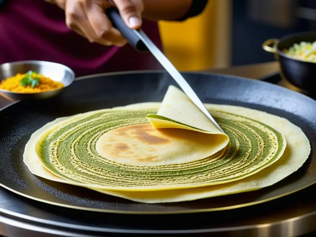 Las hábiles manos de un chef preparando un dosa, mostrando su textura y técnica