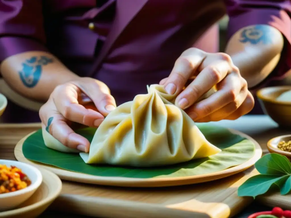 Las hábiles manos del chef envuelven un dumpling tradicional, con detalles intrincados y tatuajes culinarios antiguos