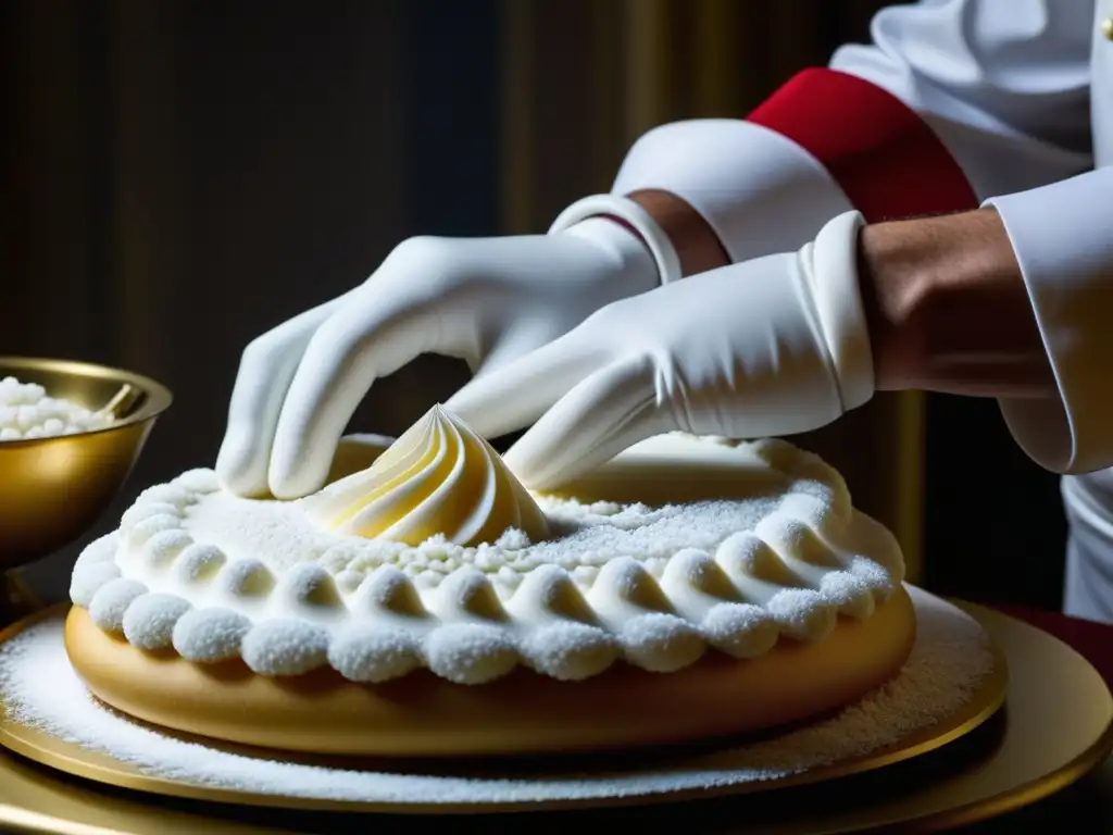 Las hábiles manos de un chef creando una escultura de azúcar, reflejando la influencia aristocrática francesa en el arte culinario