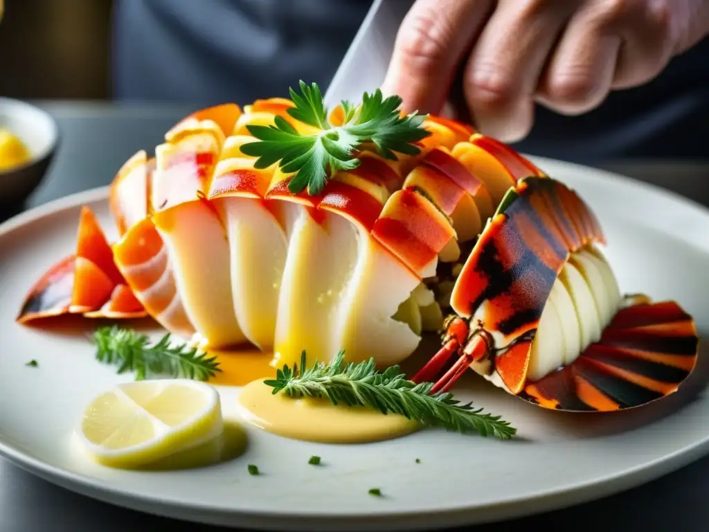 Las hábiles manos del chef preparan con esmero una langosta Thermidor en un elegante restaurante, en una escena de lujo culinario