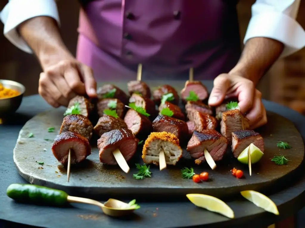 Hábiles manos de chef preparando un kebab Mughal con esmero