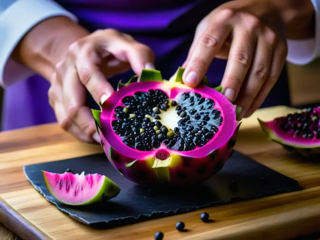 Las hábiles manos de un chef revelan la exótica y vibrante pitahaya