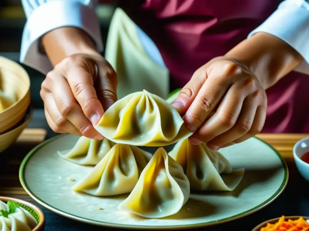 Las hábiles manos de un chef experto crean un delicioso dumpling Chifa peruano, con detalles meticulosos y colores vibrantes