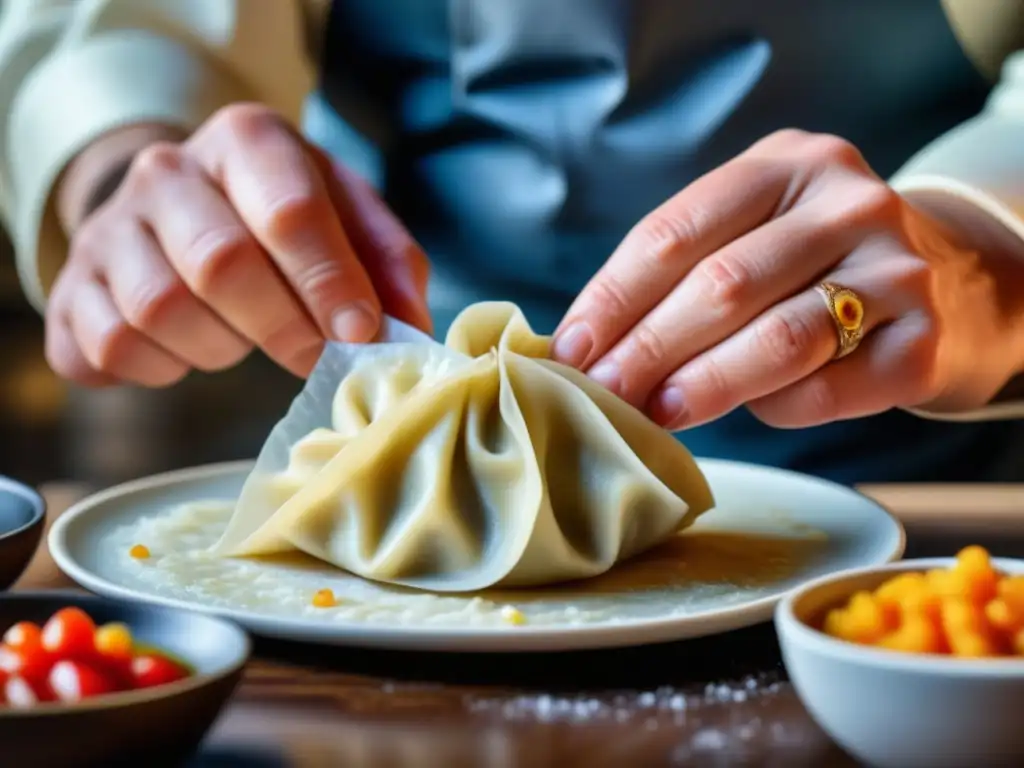 Las hábiles manos de un chef experto crean dumplings, destacando la artesanía y tradición culinaria