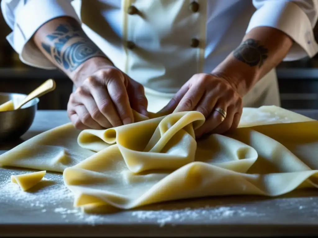 Las hábiles manos de un chef experto crean pasta casera, fusionando técnicas culinarias europeas y americanas en una escena detallada