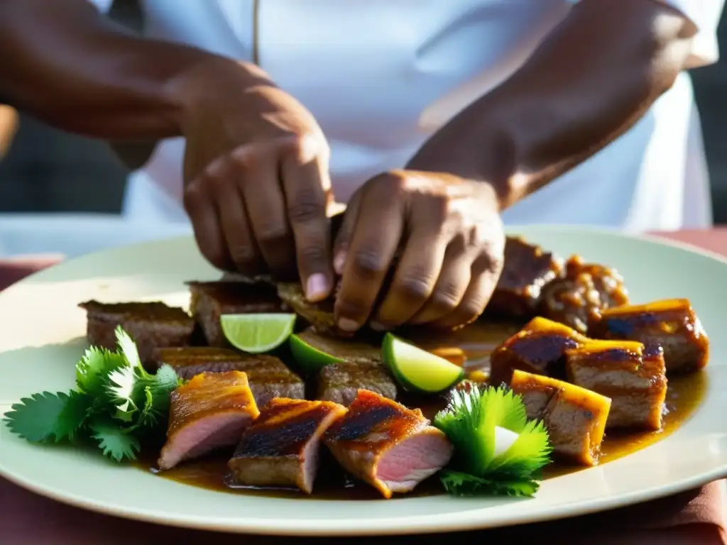 Las hábiles manos de un chef haitiano preparando griot, destacando la influencia gastronomía haitiana esclavitud africana