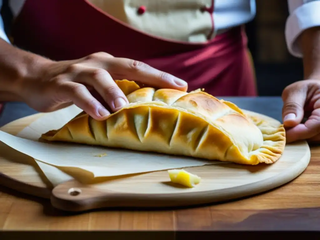 Las hábiles manos del chef fusionan ingredientes europeos en una empanada sudamericana, reflejando la evolución culinaria