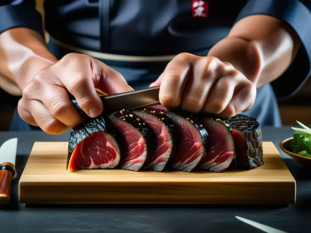 Las hábiles manos del chef japonés cortando A5 Wagyu, fusionando recetas históricas cultura samurai Japón