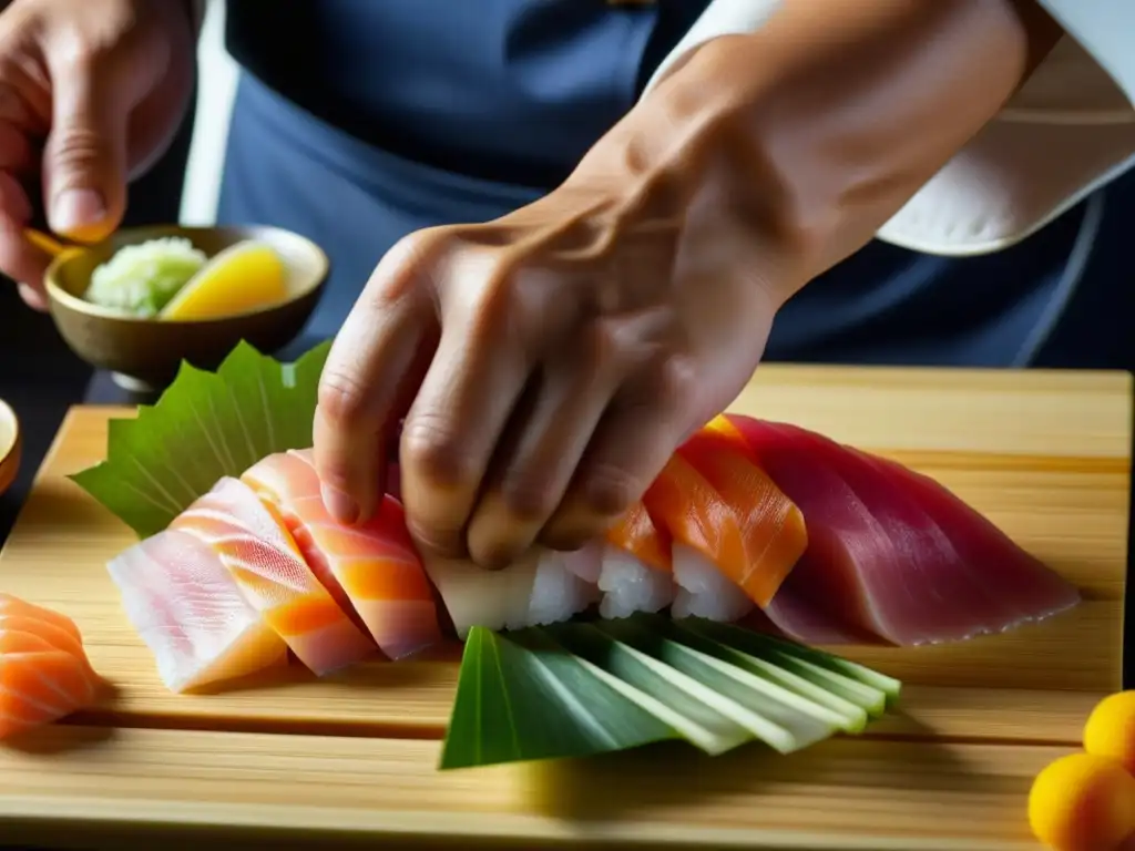 Las hábiles manos de un chef japonés cortando sashimi fresco durante la transición de la Era Edo a Meiji, resaltando la tradición y la innovación en la cocina japonesa