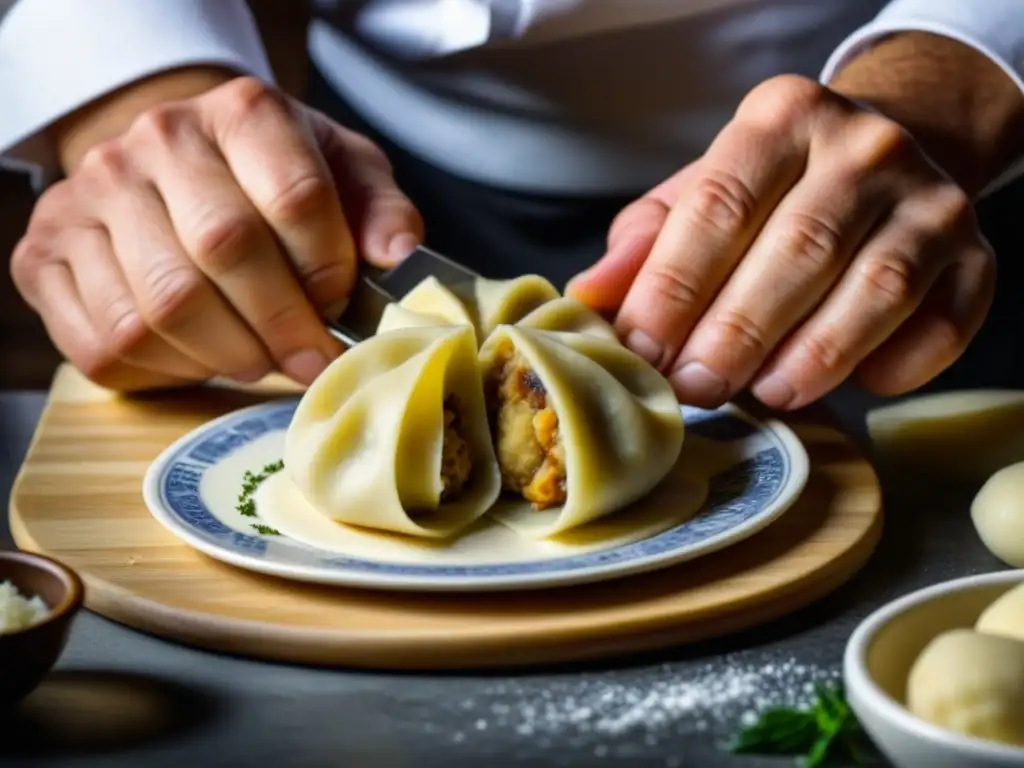 Las hábiles manos de un chef formando un Knödel austriaco, resaltando la artesanía en la creación de variedades de dumplings austrohúngaros