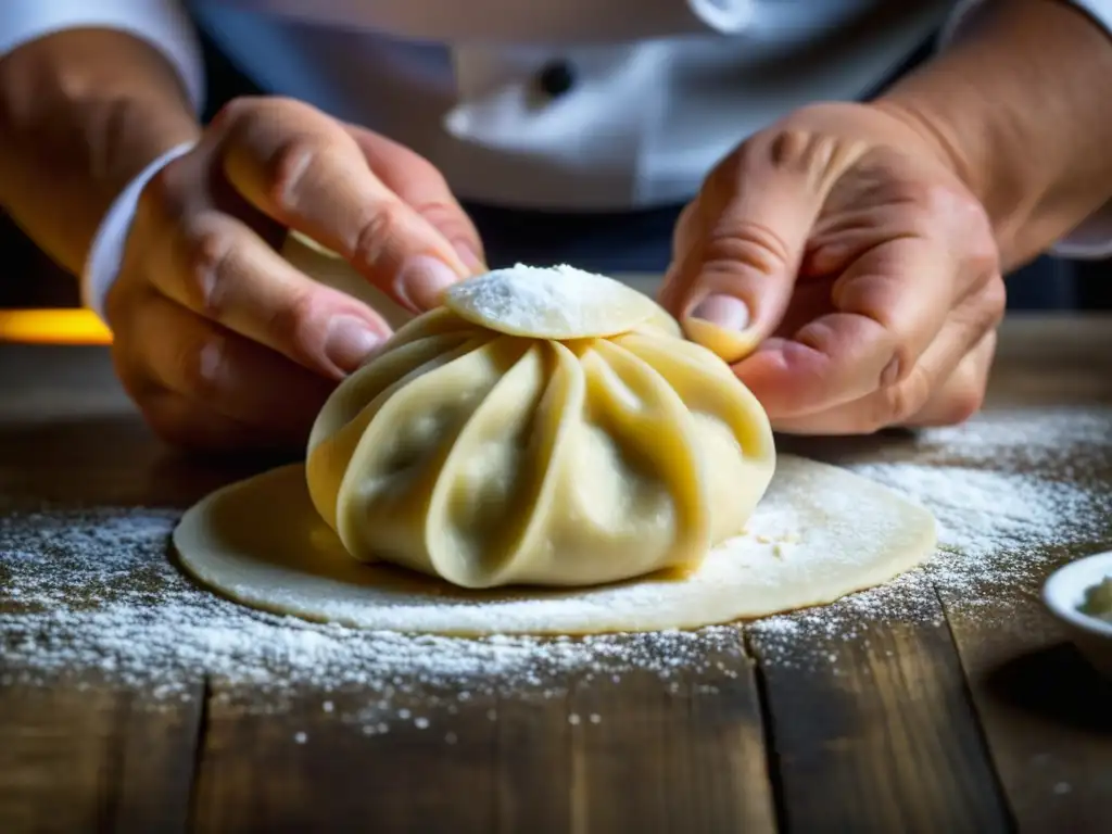 Las hábiles manos del chef moldean un Knödel austriaco, mostrando la textura de la masa