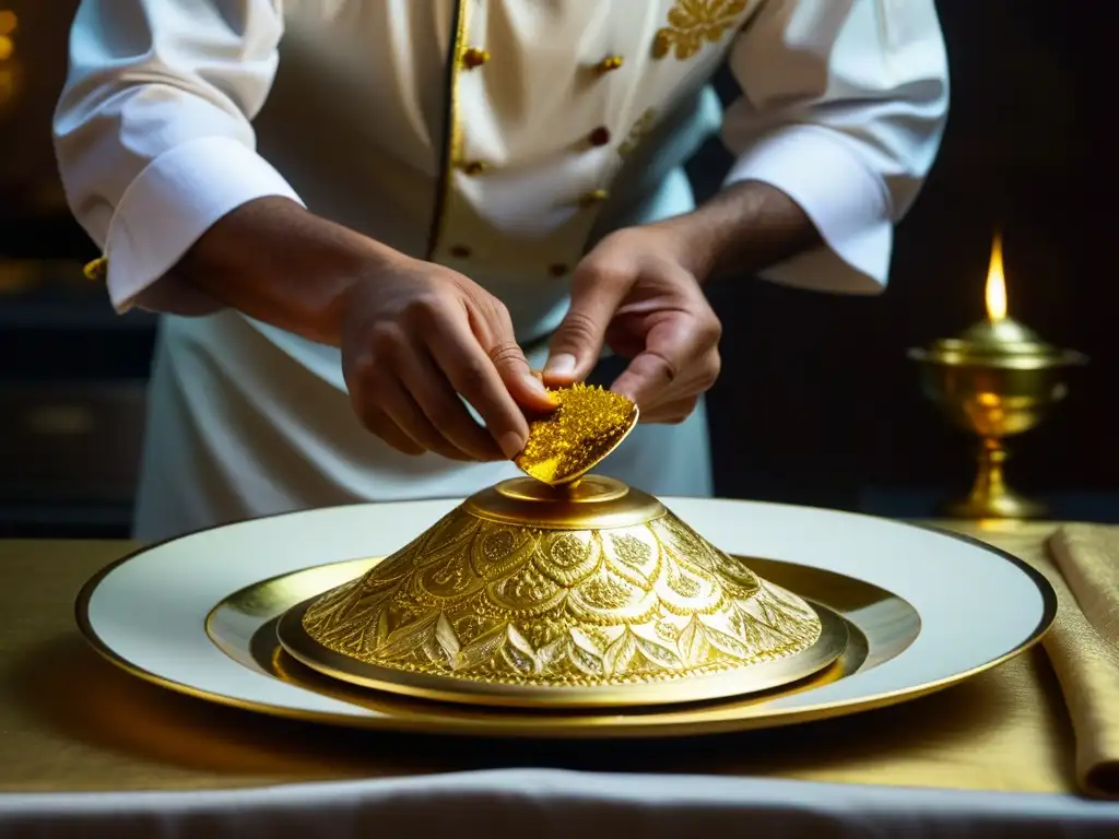 Las hábiles manos del chef colocan lámina de oro en plato Mughal, destacando el resurgimiento cocina Mughal siglo XXI