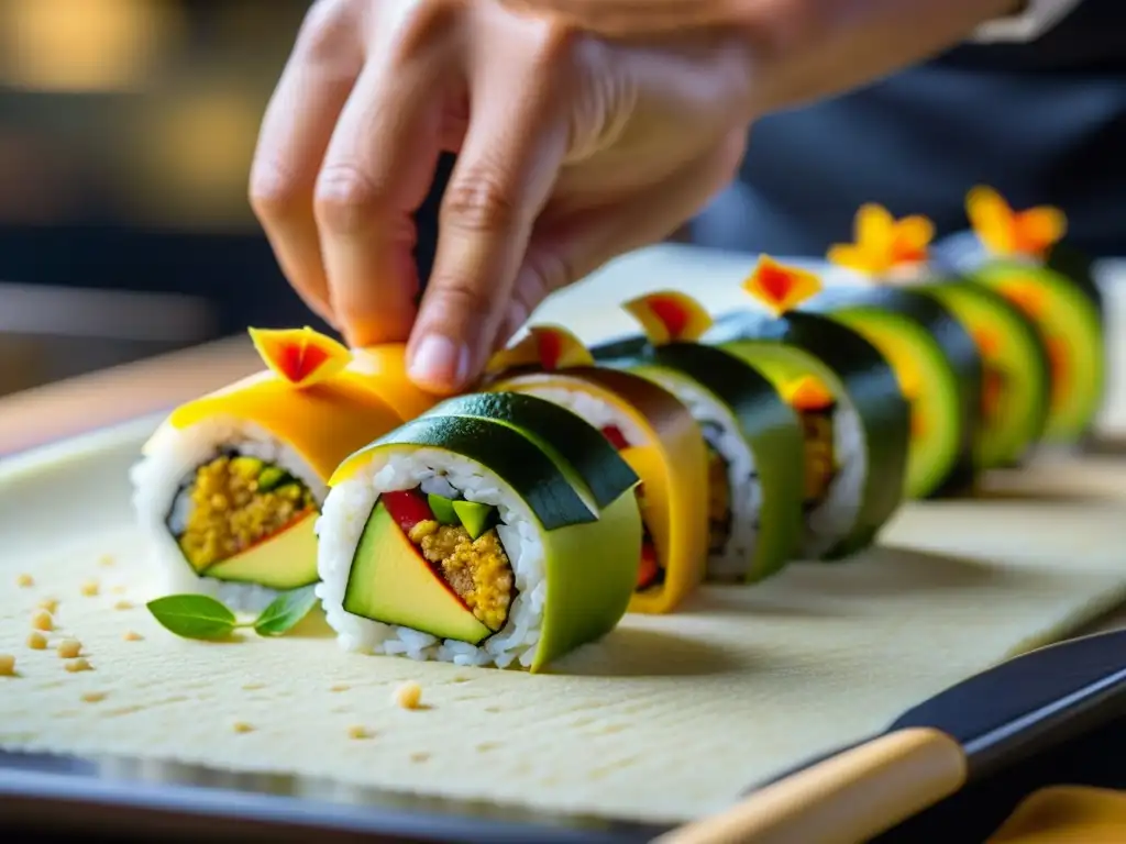 Las hábiles manos de un chef creando un maki criollo fusionando ingredientes japoneses y peruanos