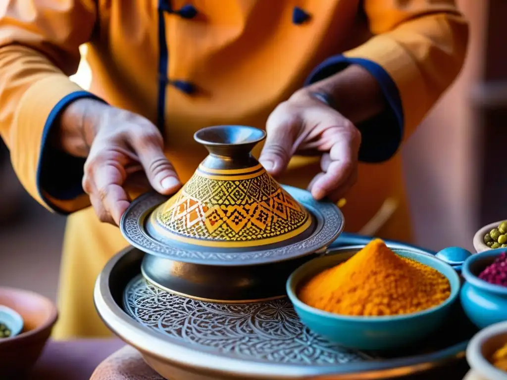 Las hábiles manos del chef marroquí crean patrones con especias en un tagine, reflejando la cocina real de Marrakech