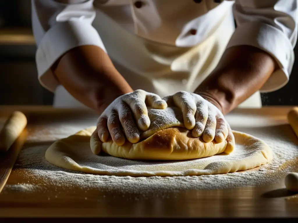 Las hábiles manos del chef amasan la masa para Platos Abásidas recetas históricas culturas, en una cocina semioscura llena de magia culinaria