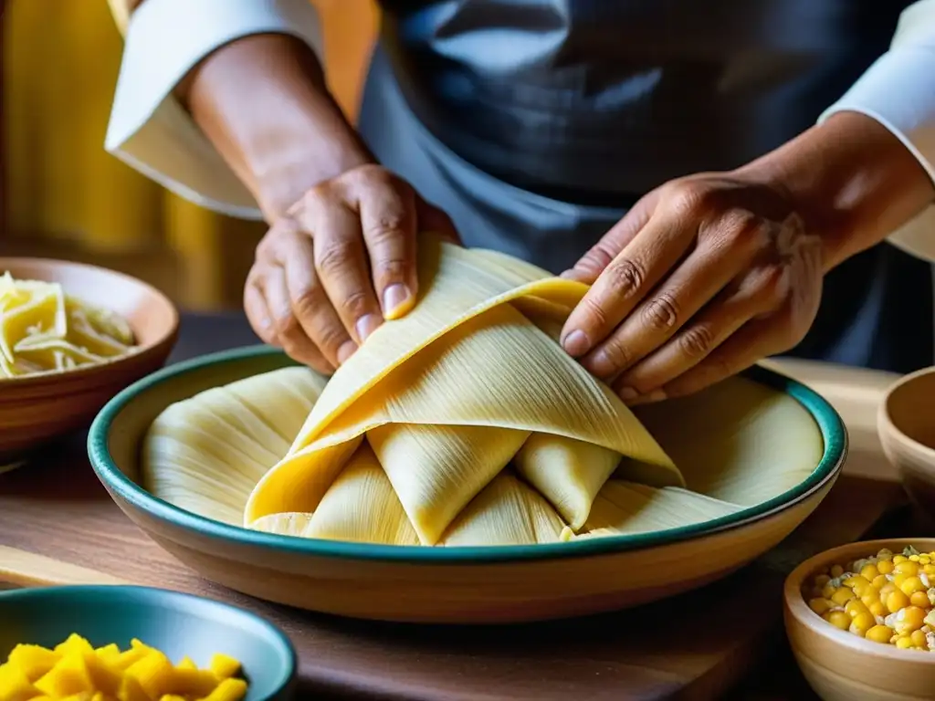 Las hábiles manos del chef esparcen masa sobre hoja de maíz, resaltando la evolución tamales cocina prehispánica