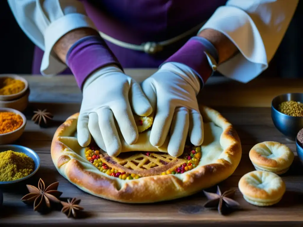 Las hábiles manos de un chef medieval creando una delicada pastelería con especias coloridas, evocando la cocina Europa medieval renacentista