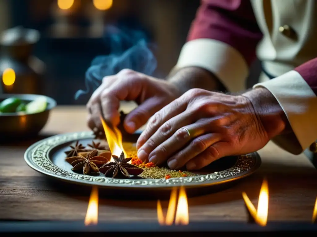 Las hábiles manos del chef medieval crean platos elaborados en una cocina tenue