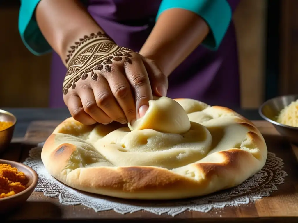 Las hábiles manos del chef amasan el naan, mostrando la esencia de su origen y receta tradicional