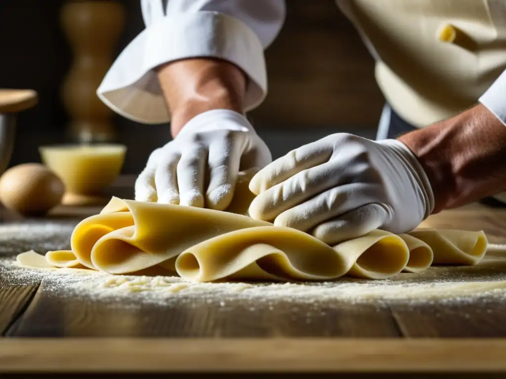 Las hábiles manos del chef amasan la pasta con destreza en un ambiente rústico, resaltando los orígenes renacentistas de la pasta