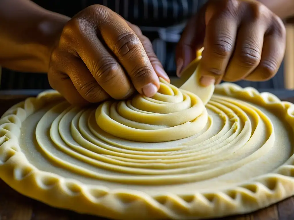 Las hábiles manos de un chef crean patrones en masa para dulces tradicionales del Sur de Asia, destacando la influencia diaspórica en la cocina