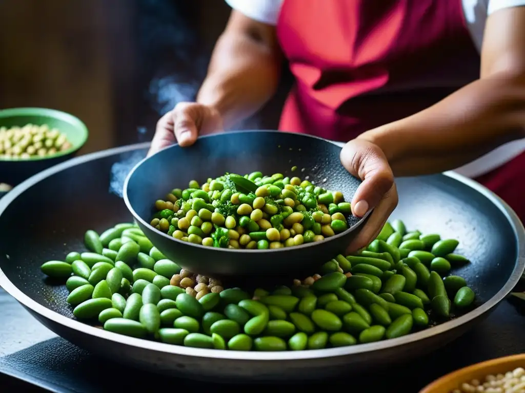 Las hábiles manos de un chef peruano sazonan tradicionalmente frijoles de soya, destacando la importancia histórica de la soya en Perú