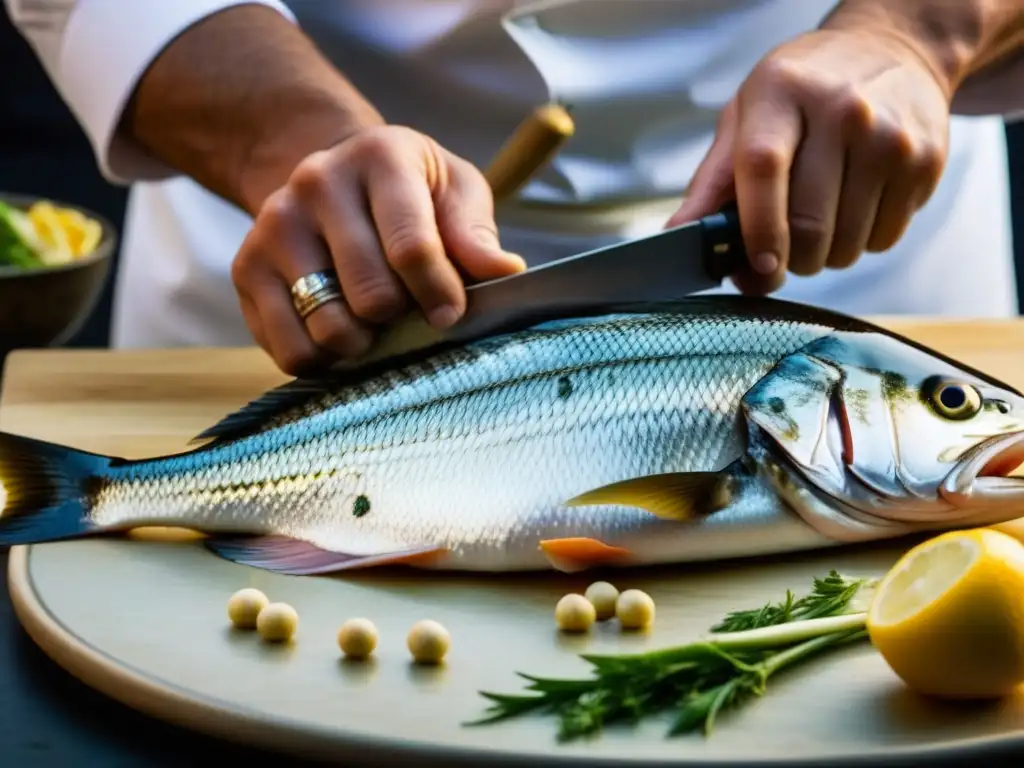 Las hábiles manos de un chef deshuesando un pescado fresco, resaltando la preparación de recetas históricas de pescados abásidas