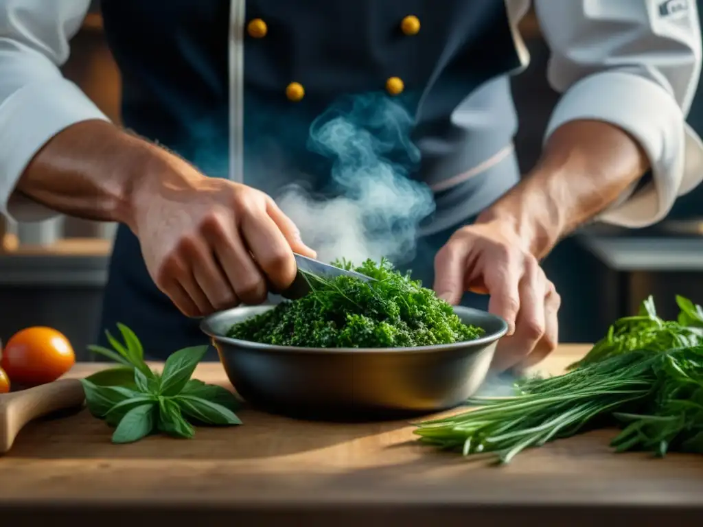 Las hábiles manos de un chef creando un plato tradicional en una cocina rústica