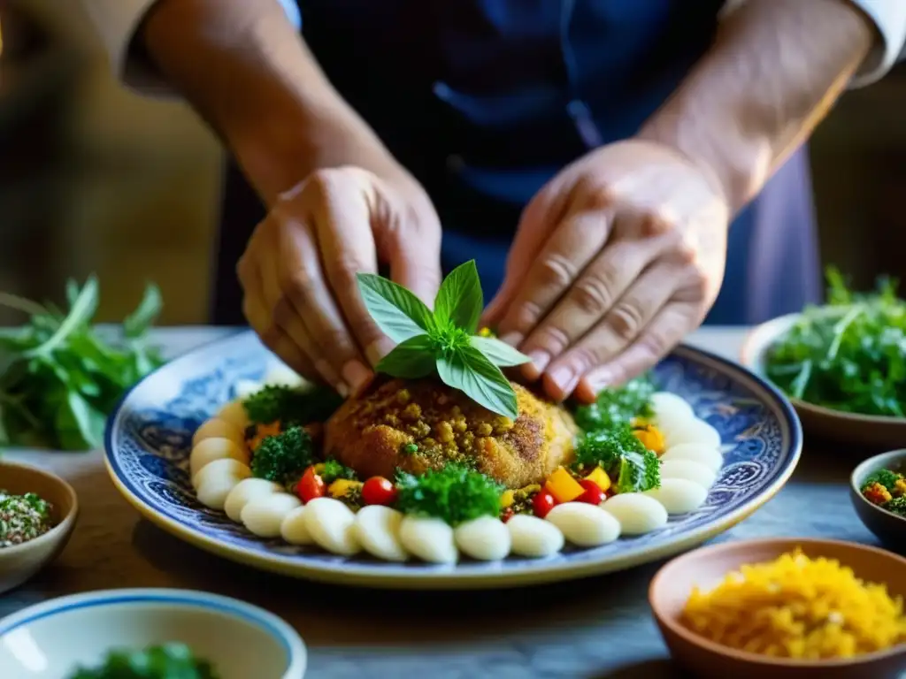 Las hábiles manos del chef preparan plato persa tradicional en detallada imagen