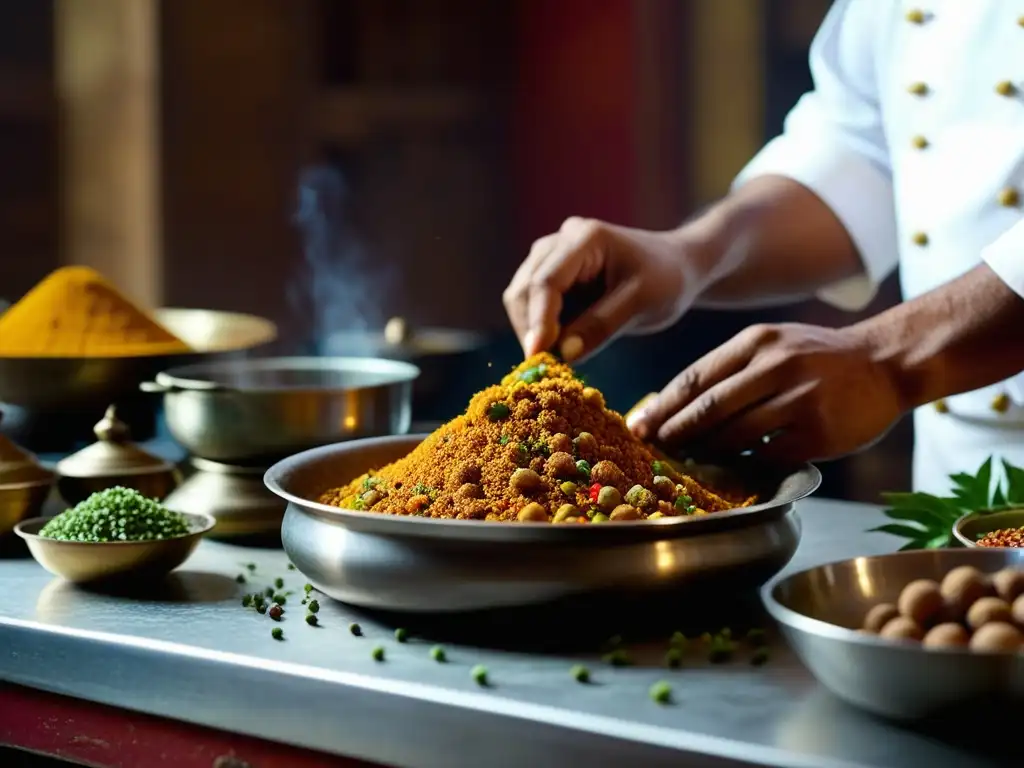 Las hábiles manos de un chef preparando un plato Mughal, con especias y utensilios tradicionales