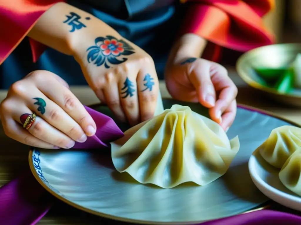 Las hábiles manos de un chef crean pliegues en masa de dumplings en la Ruta de la Seda