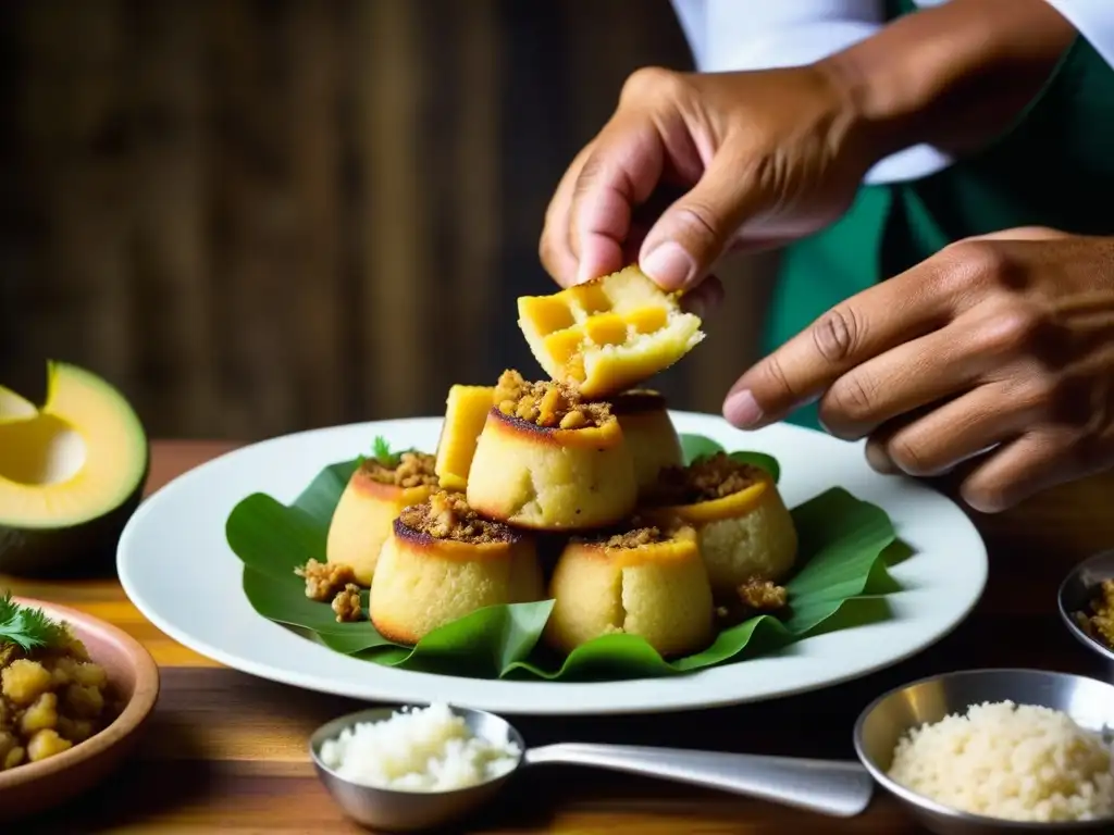 Las hábiles manos de un chef puertorriqueño crean un Mofongo vibrante, reflejando la pasión por las recetas tradicionales en San Juan