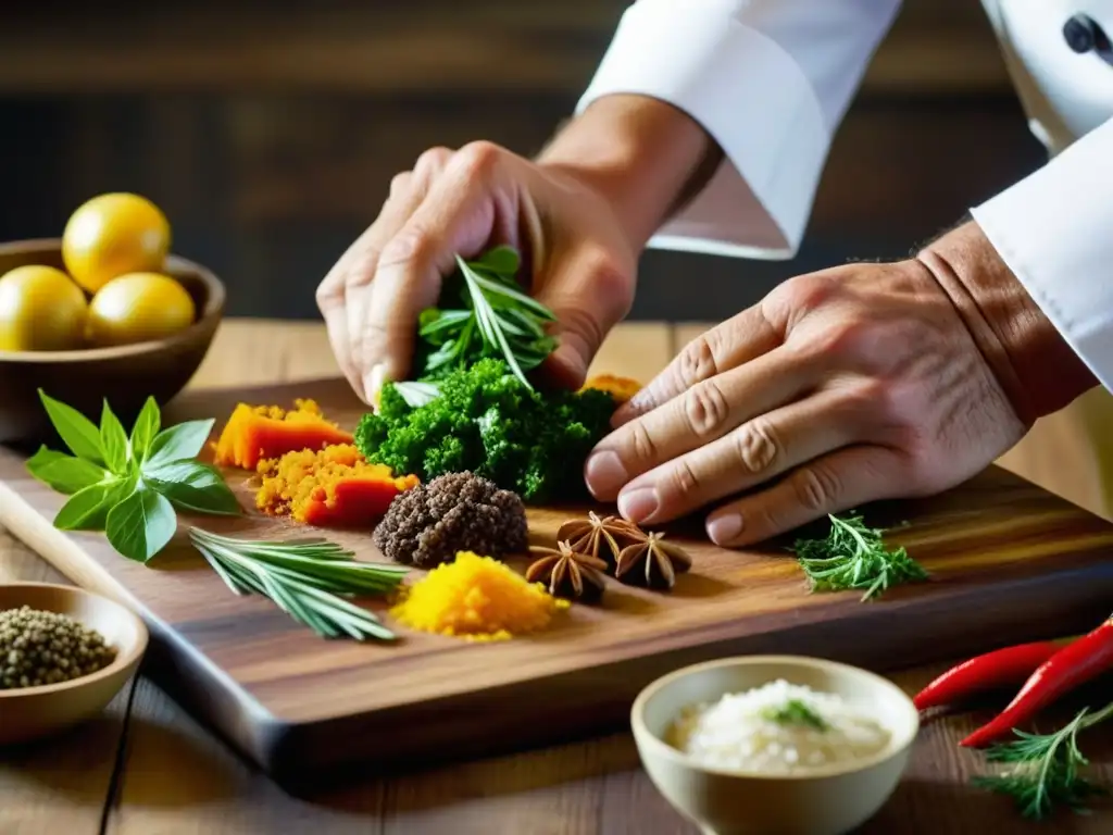 Las hábiles manos del chef crean una receta tradicional con ingredientes frescos y coloridos