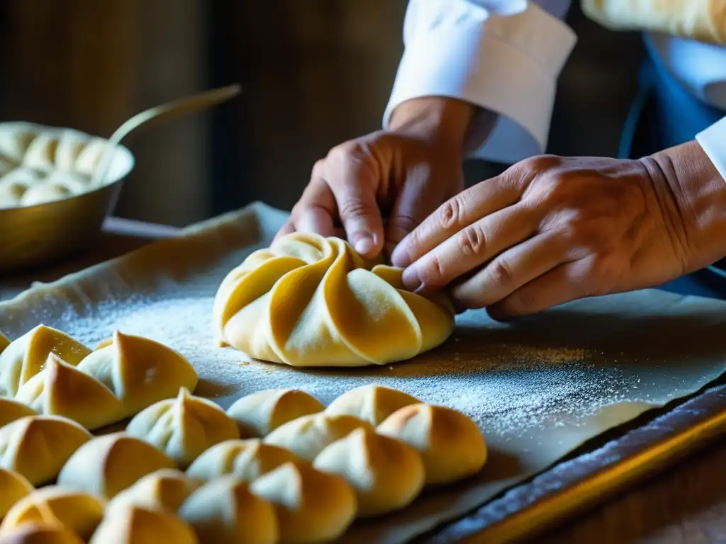 Maestría uzbeka: Chef creando pastelillos con maestría Las hábiles manos de un chef uzbeko crean recetas históricas con maestría y precisión, mostrando la cultura de Uzbekistán